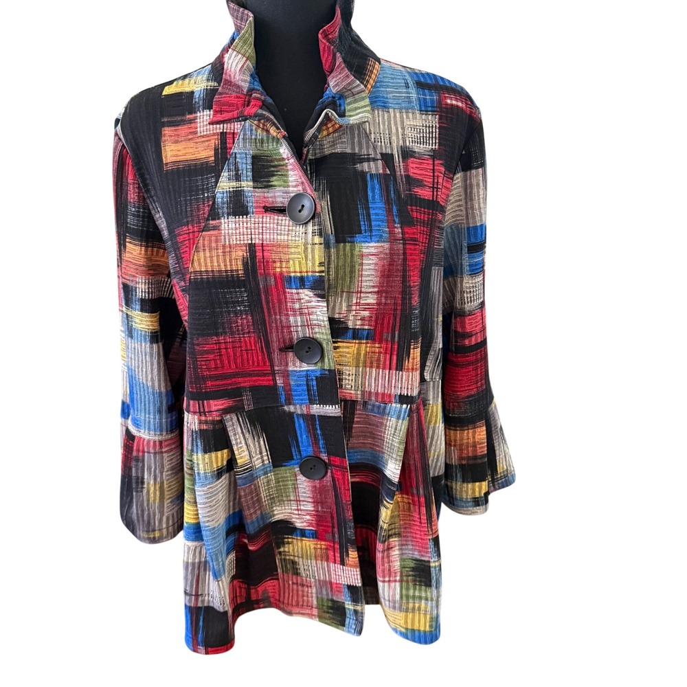 DAMEE Art to wear Abstract Print Jacket Women Multicolor Button Front Collar M/L